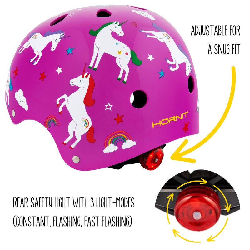 Hornit Mini Lids Kids Helmet. Fully-Adjustable Multi-Sport Hard Shell Helmet with Rear Safety Light, Medium, Unicorn - Image 3